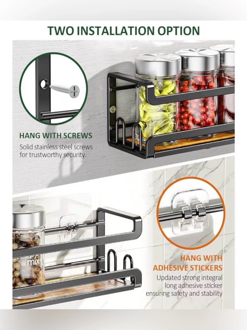 Wall Mount Spice Rack, Black, 4 Pack